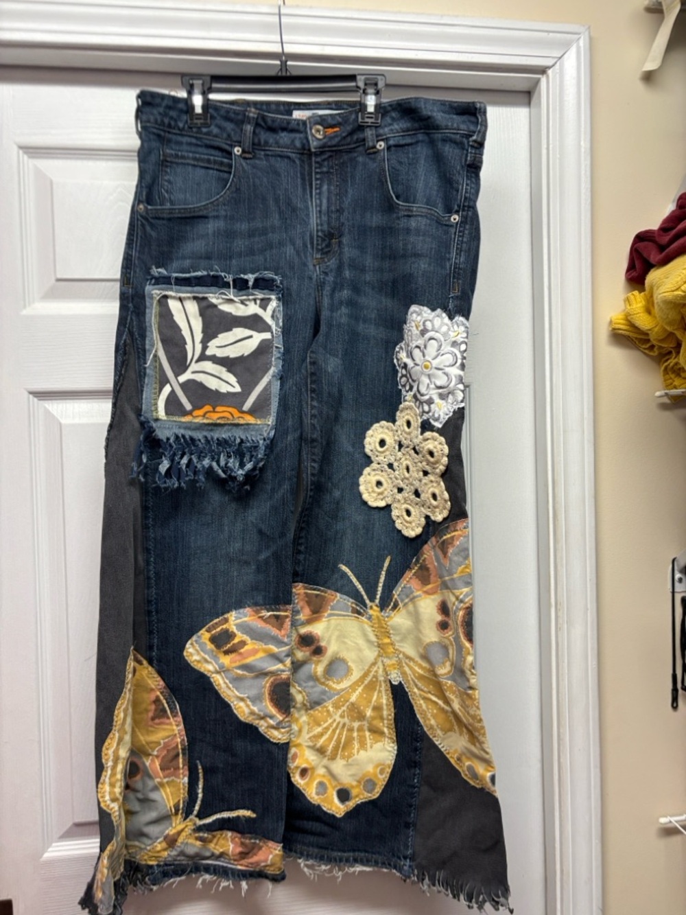 Scrappy Pants Handcrafted Boho Embroidered Butterfly Patchwork Blue Jeans 34x30